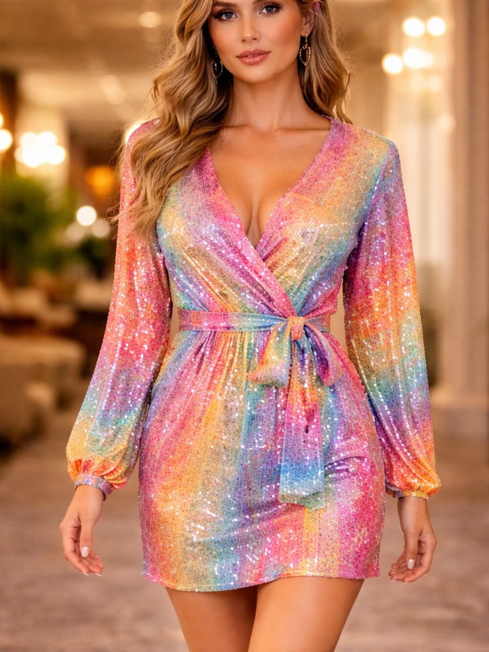 Sequin Mini Dress Rainbow Long Sleeve Wrap Cocktail Evening Date Night Dress